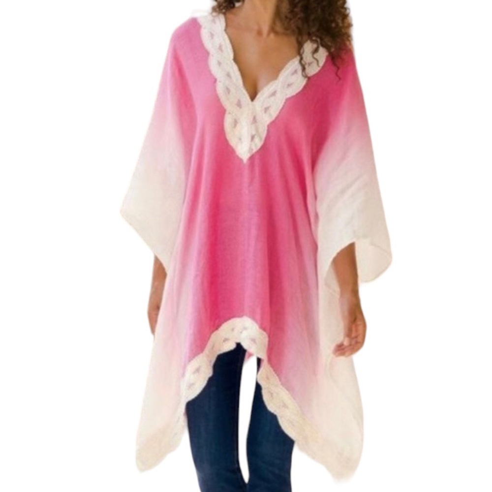 Soft Surroundings 100% Linen Asymmetrical Embroidered Pink & White Ombré Tunic